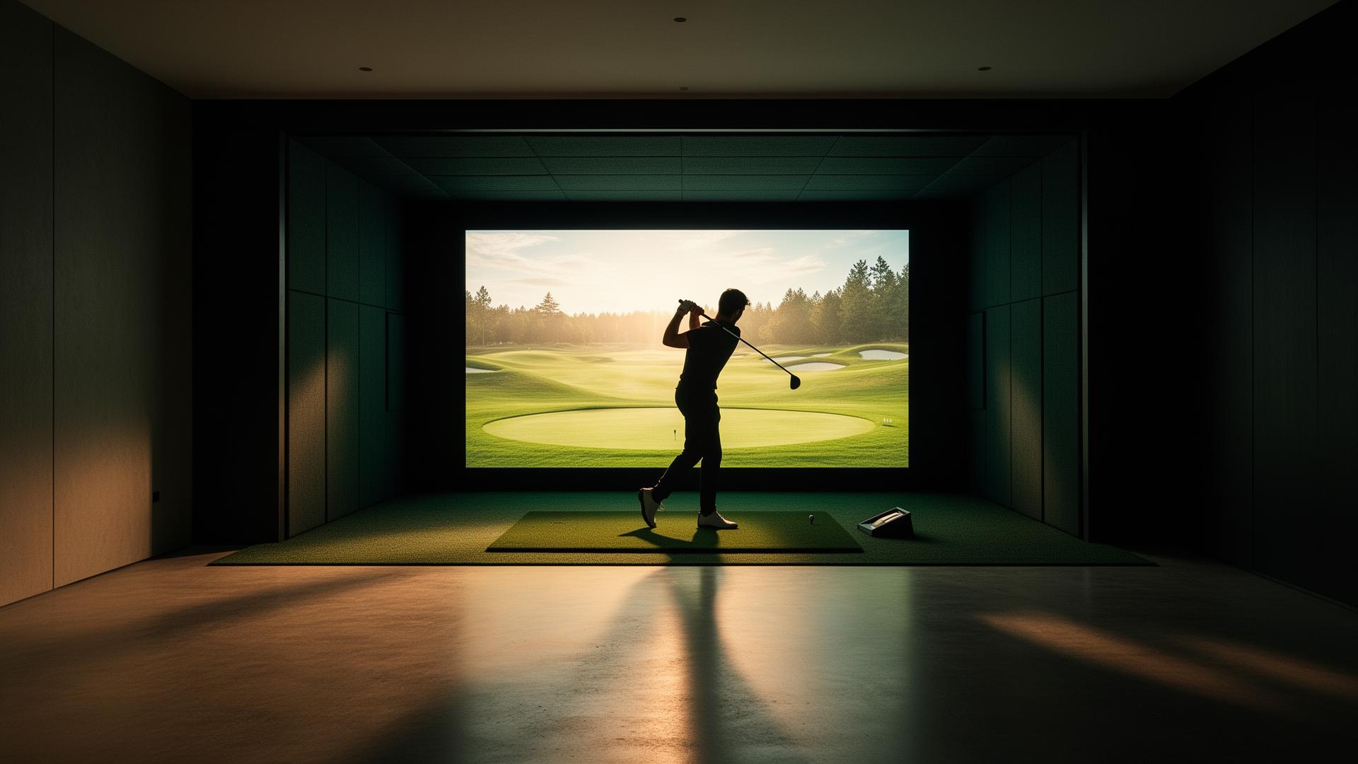 Indoor golf simulator at golden hour
